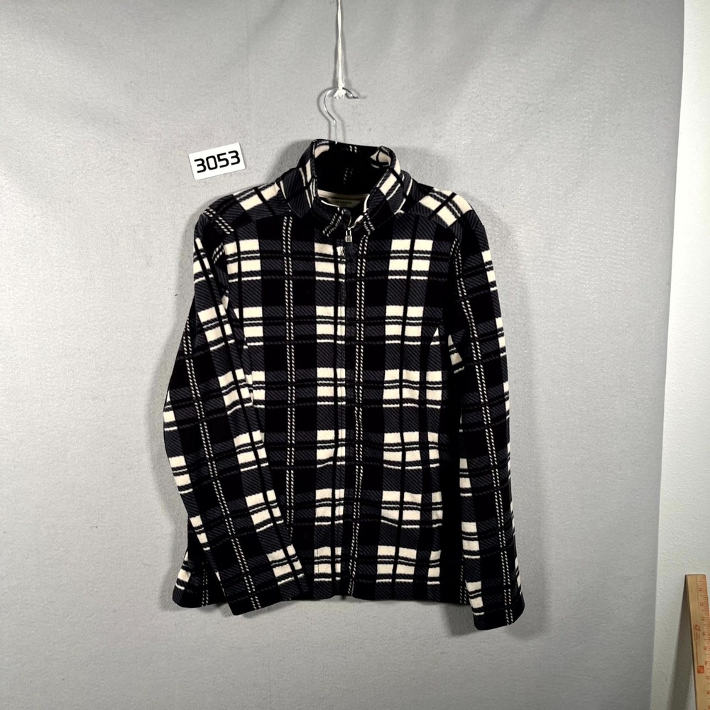 Liz Claiborne Fleece Jacket Womens Medium Black Gray Full Zip Plaid Mock Neck